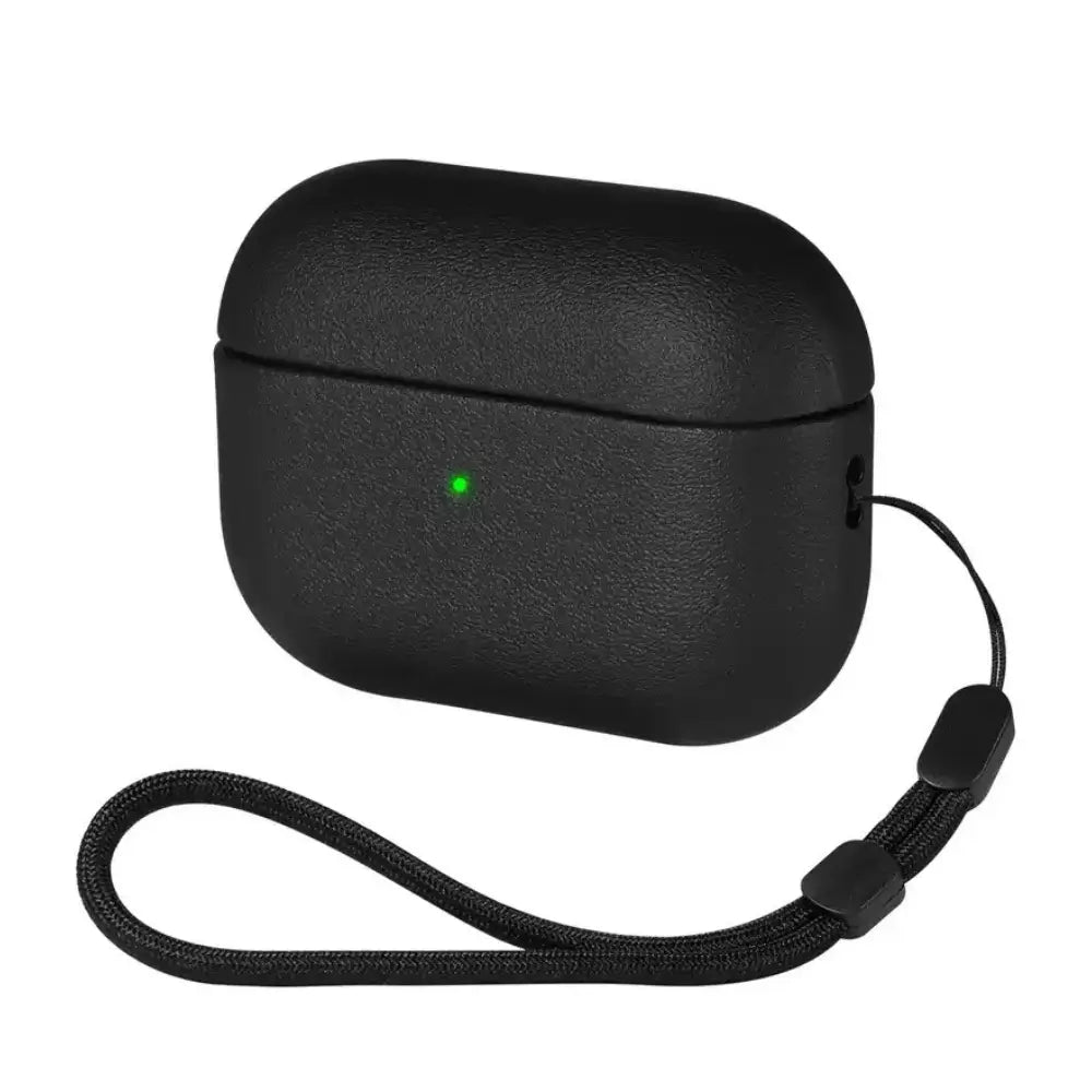 Black silicone AirPods case with lanyard front view showing LED indicator window
