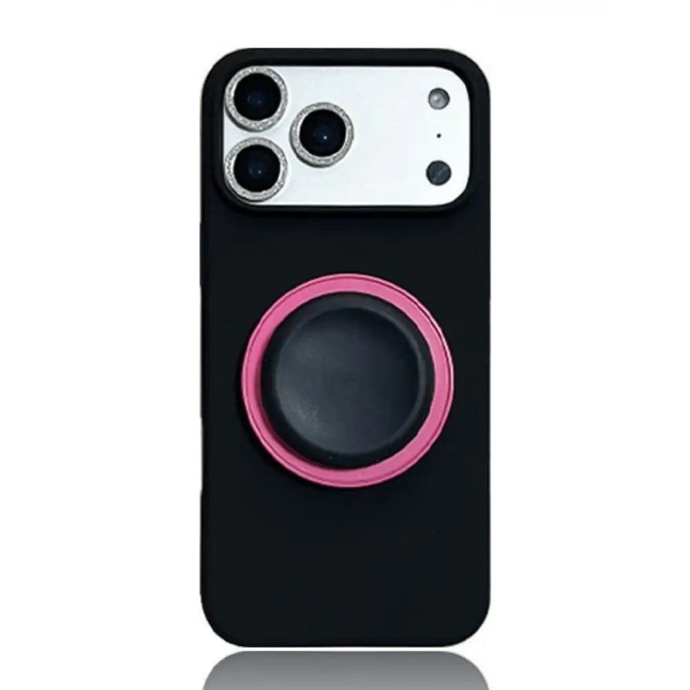 Matte Black Silicone iPhone Case with pink Grip Stand on a white background