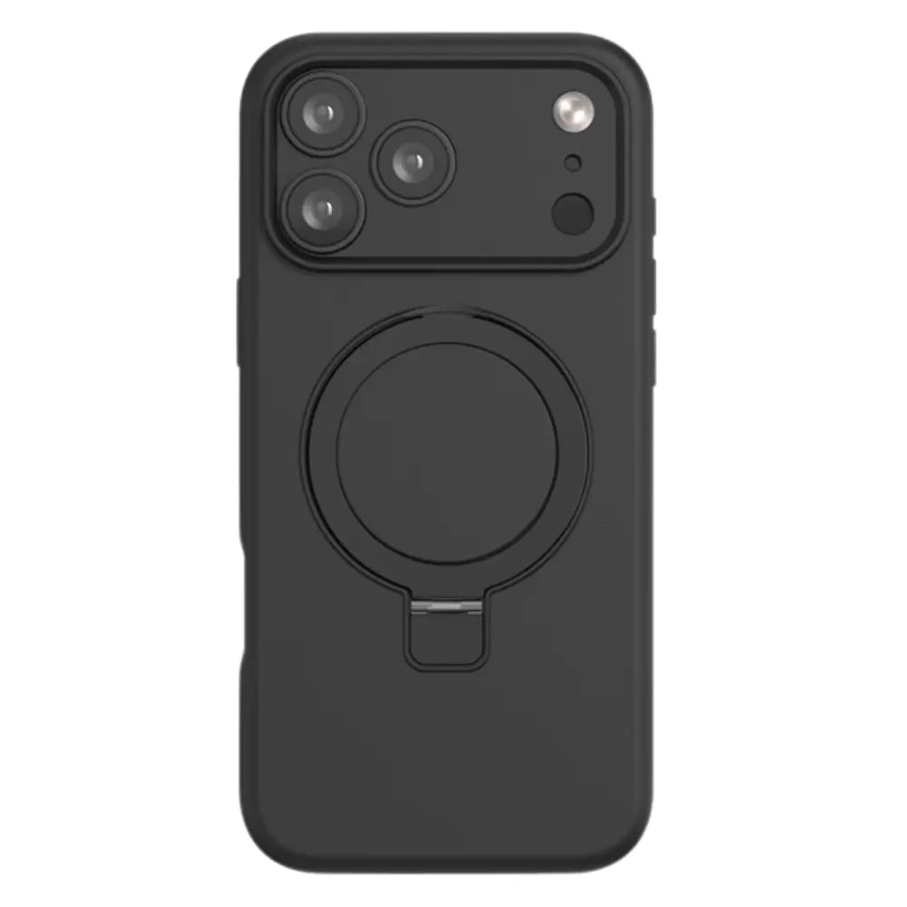 Black silicone magnetic ring stand iPhone case with zinc alloy ring in flat position