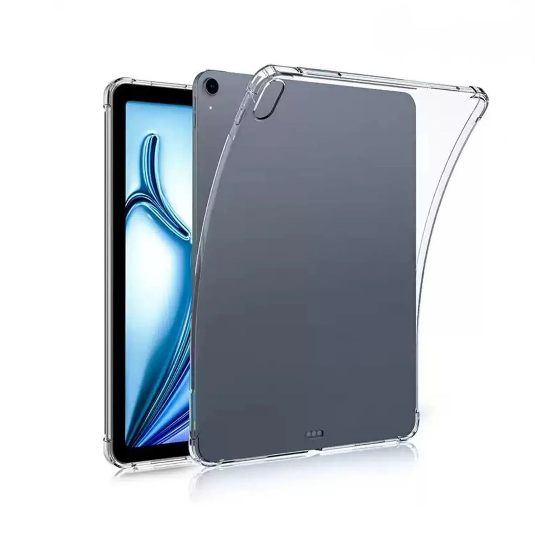 Slim clear iPad case on an iPad, low-profile transparent fit with the display showing through