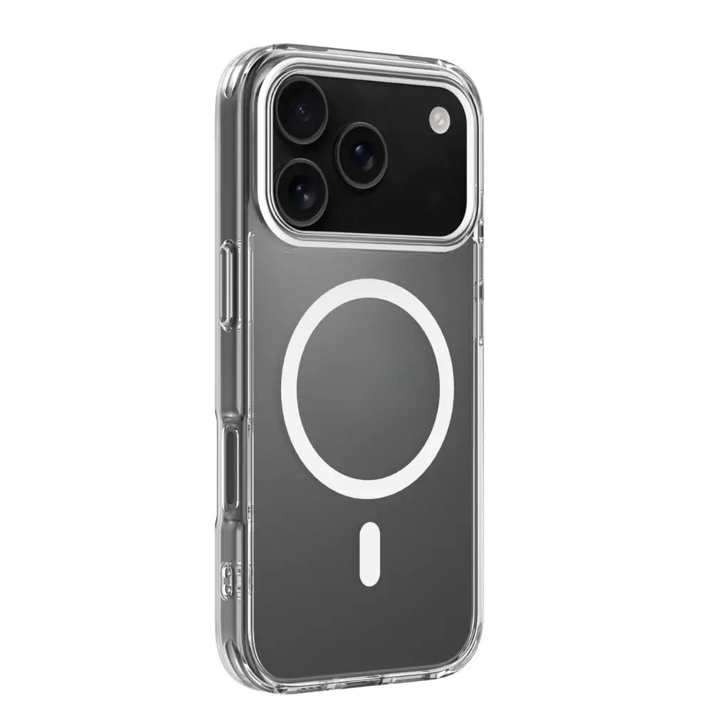 Slim clear iPhone case with raised edges shown at angle on Pro model