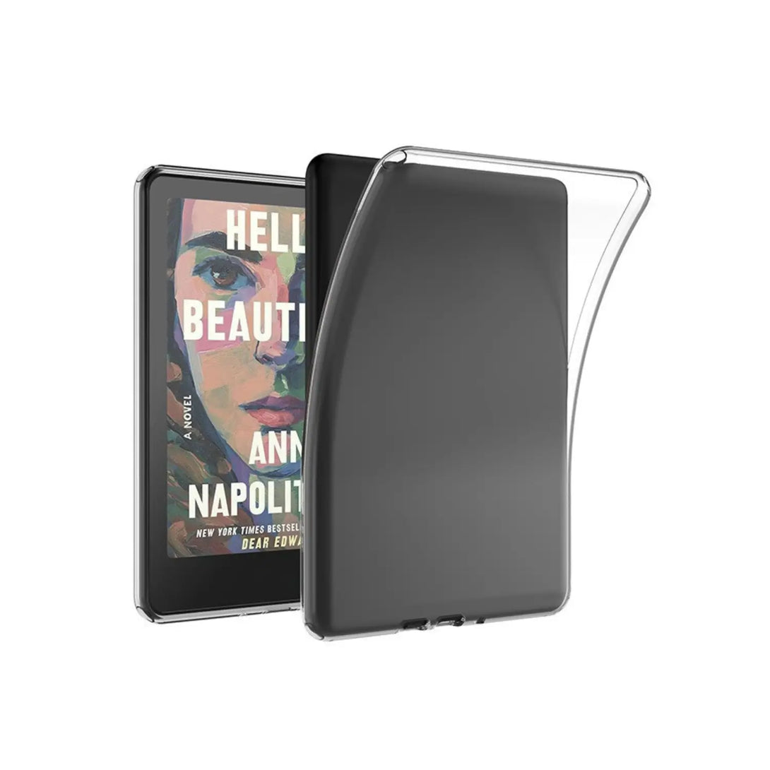 Slim clear Kindle case shown on and off device transparent TPU back cover view