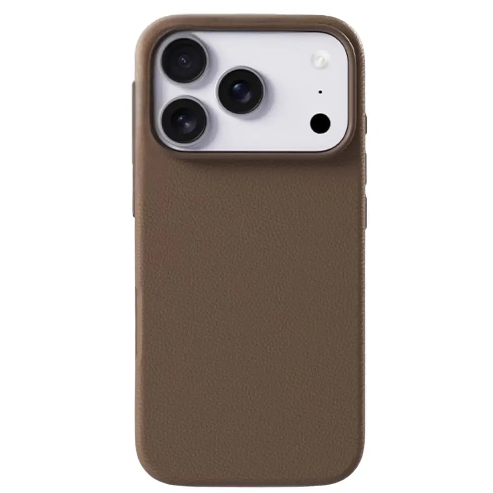 Slim vegan leather iPhone case in brown showing full pebbled back