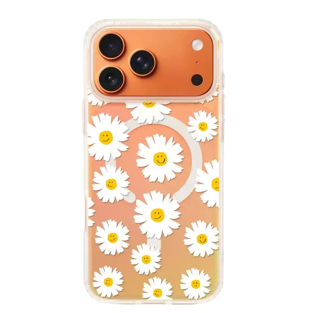 Smiley daisy phone case full back view showing flower pattern on clear panel