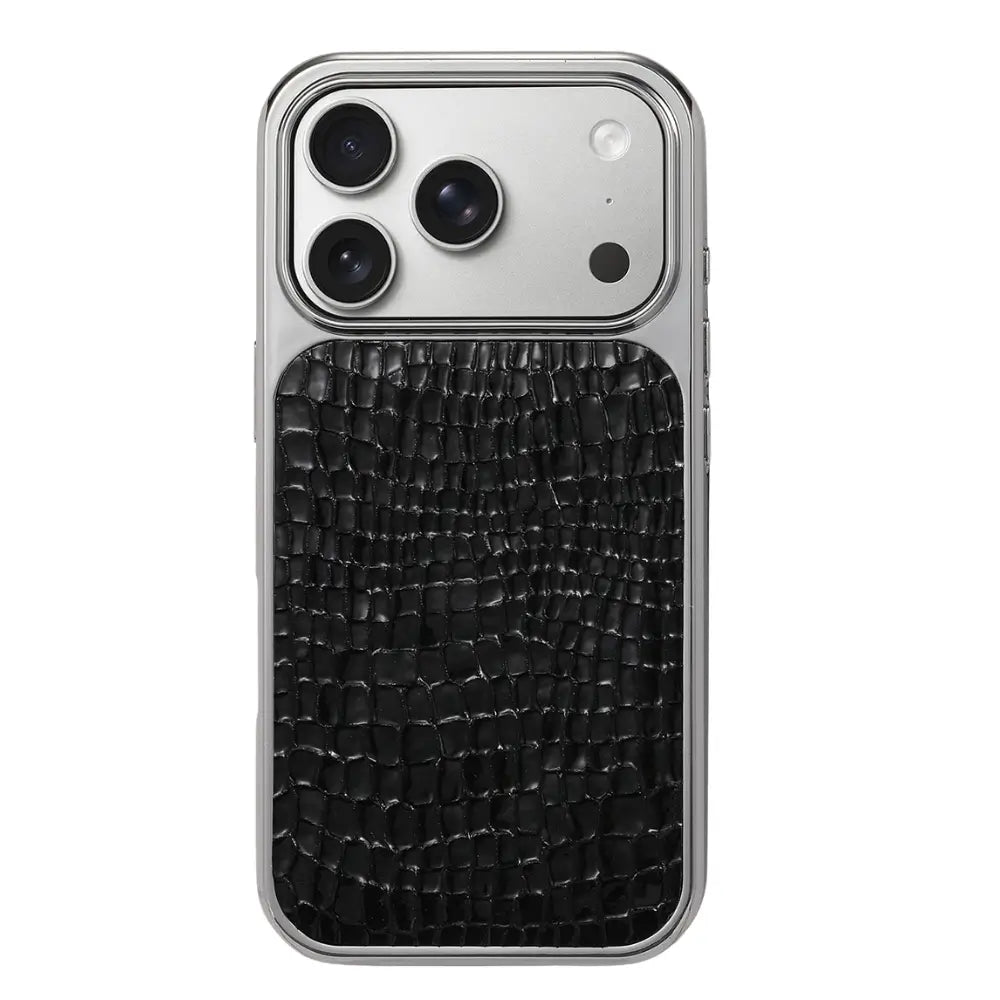 Textured faux leather iPhone case in black with silver chrome