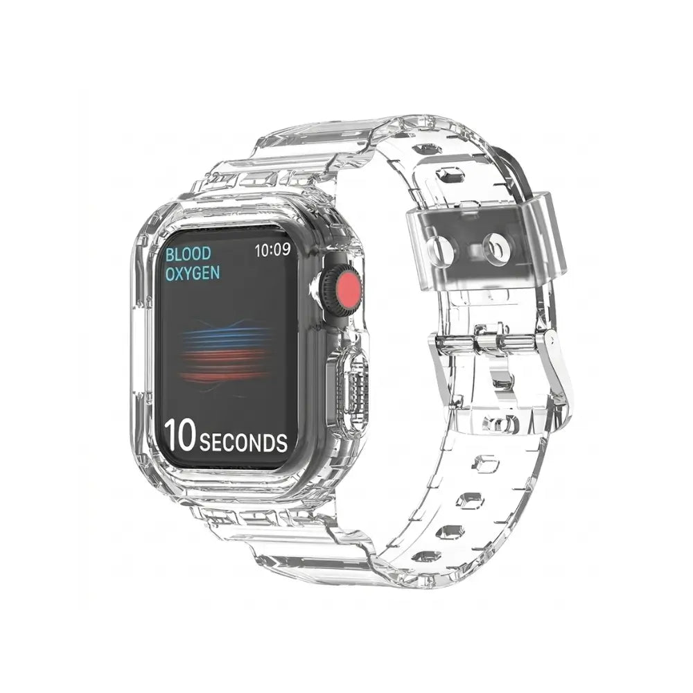 Transparent Apple Watch band with case in clear, angled to show the one-piece strap and bumper frame