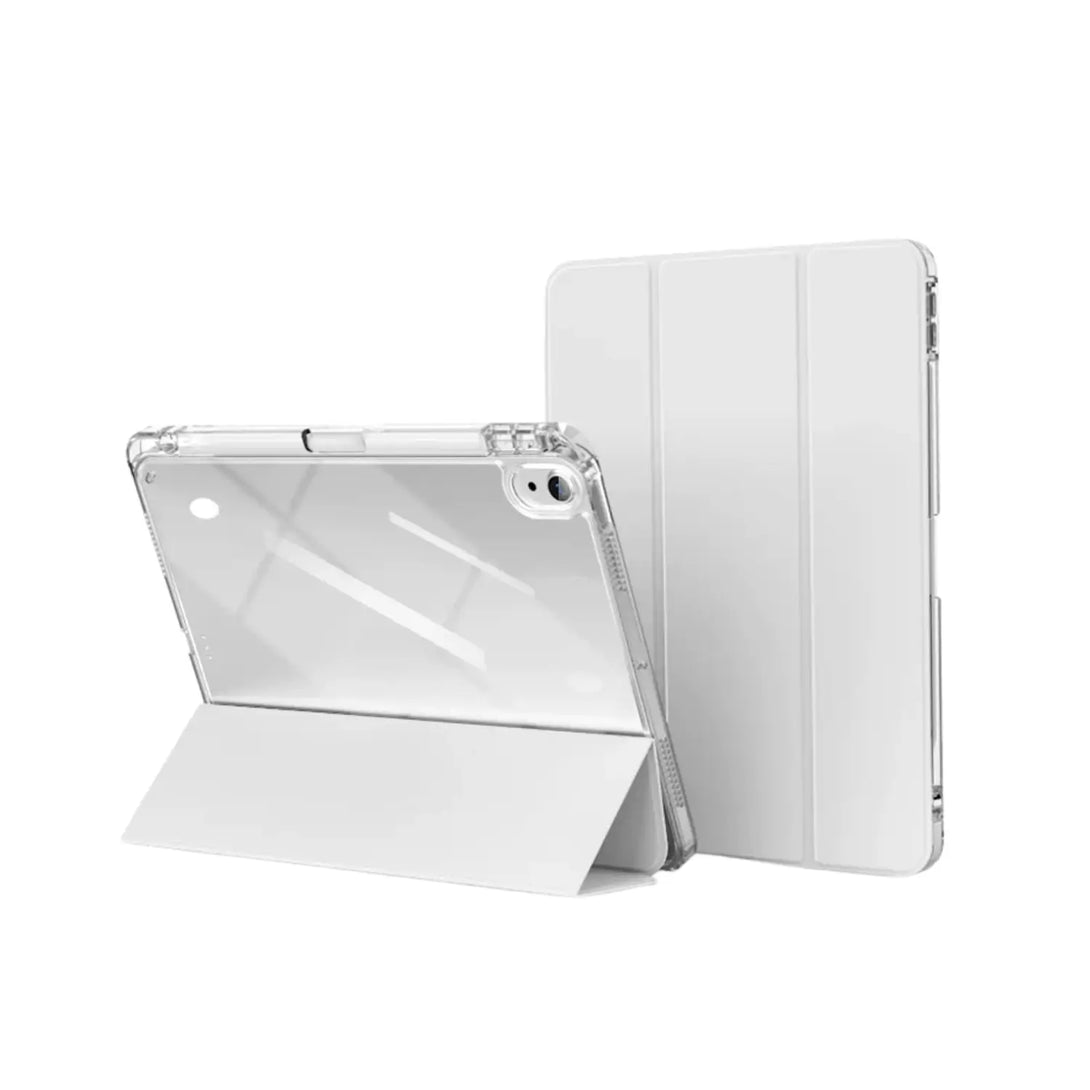 Trifold clear iPad case in gray with a transparent back panel, propped upright on a desk.