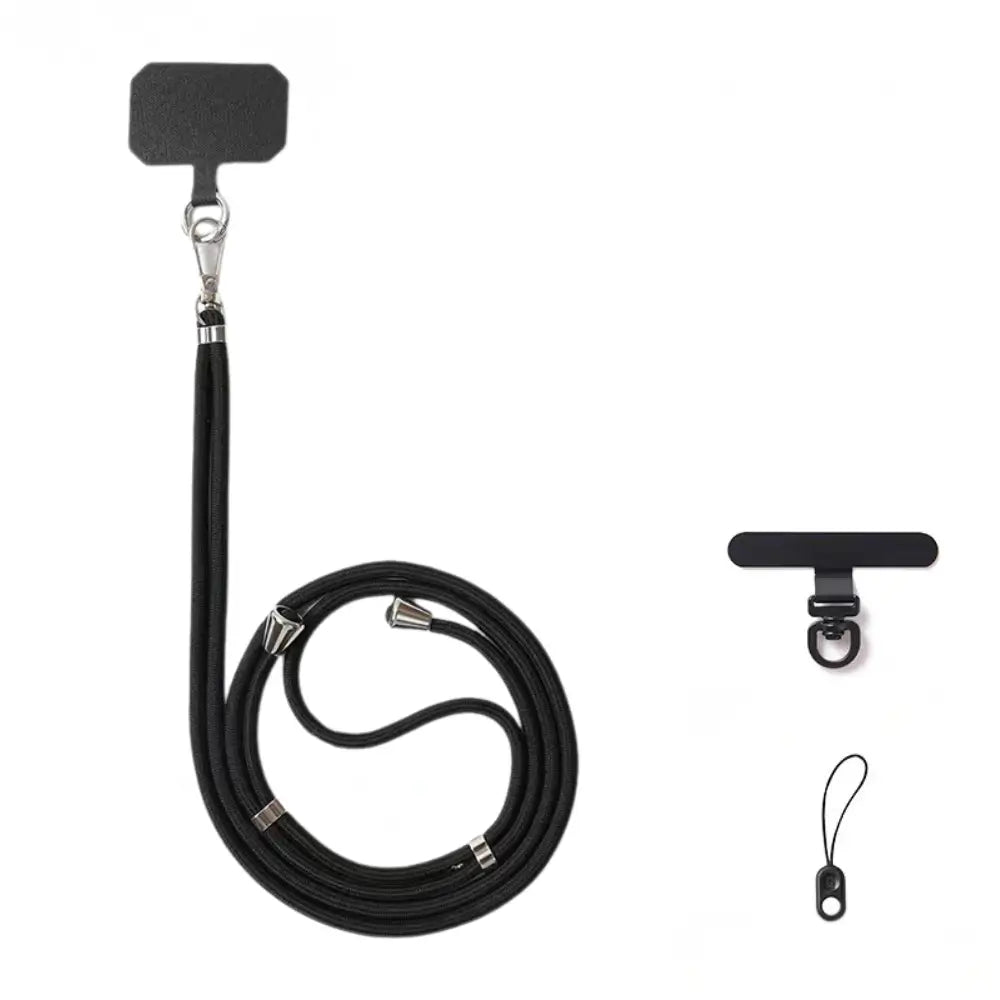 Black universal cell phone lanyard with silver metal hardware and adapter tab.