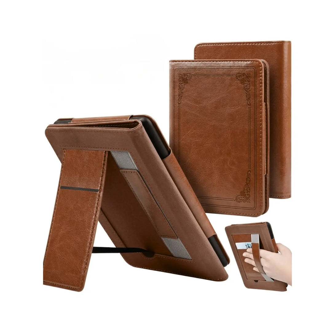 Vintage Kindle case with kickstand hand strap and embossed cover shown from multiple angles brown