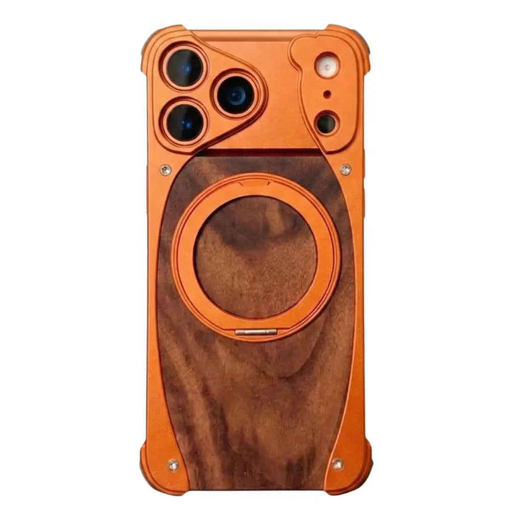 Walnut iPhone case compatible with magnetic charger flat back view Burnt Orange aluminum