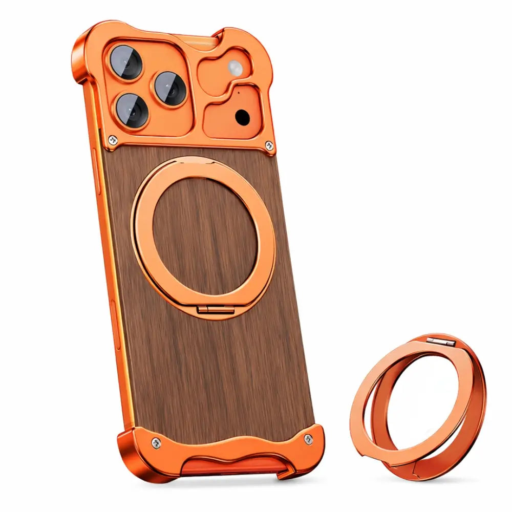 Wood back magnetic iPhone case in orange with detachable ring compatible with magnetic wireless chargers.