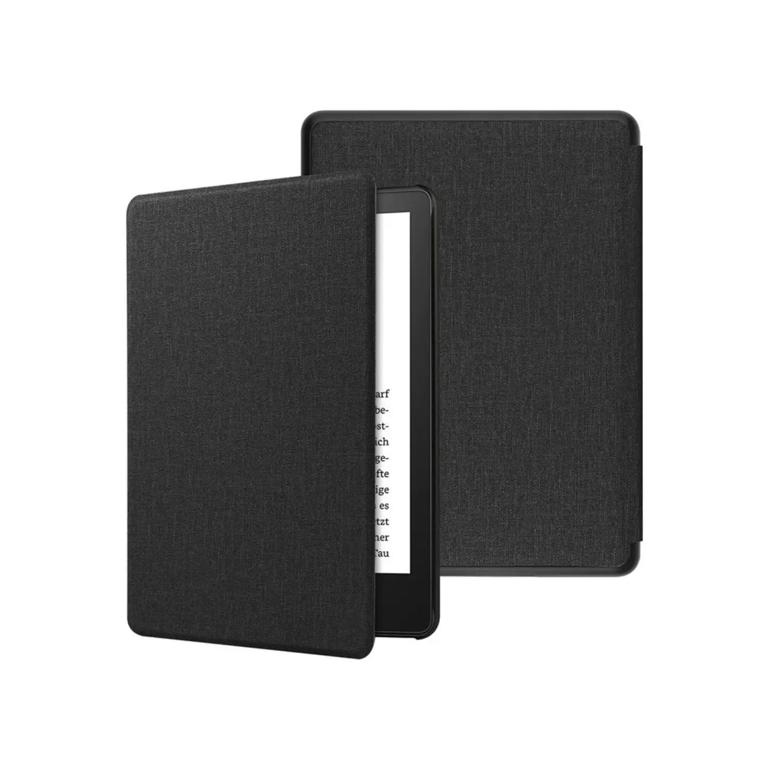 Woven fabric kindle cover black front and back view showing cross-thread textile surface and magnetic folio design