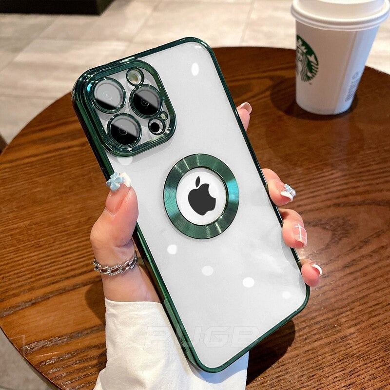 An iPhone in a green luxury plating clear phone case