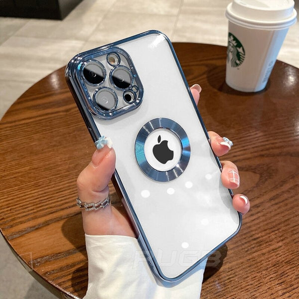 A hand holding a transparent silicone case for an iPhone, with a logo on the back, featuring a design that allows for easy access to all buttons and ports.