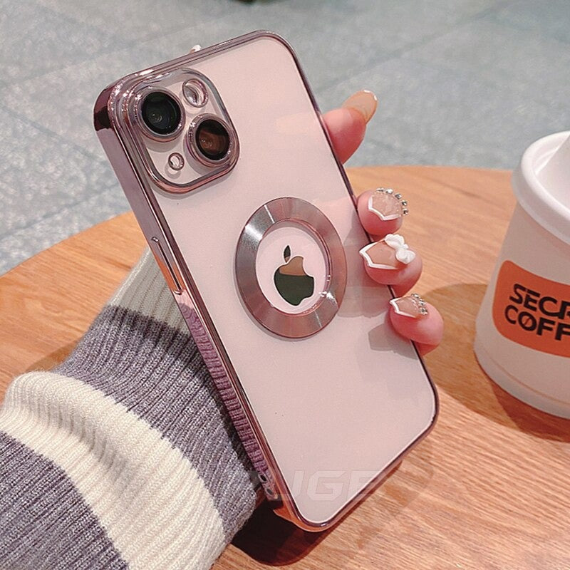 A hand holding a luxury plating clear case for iPhone