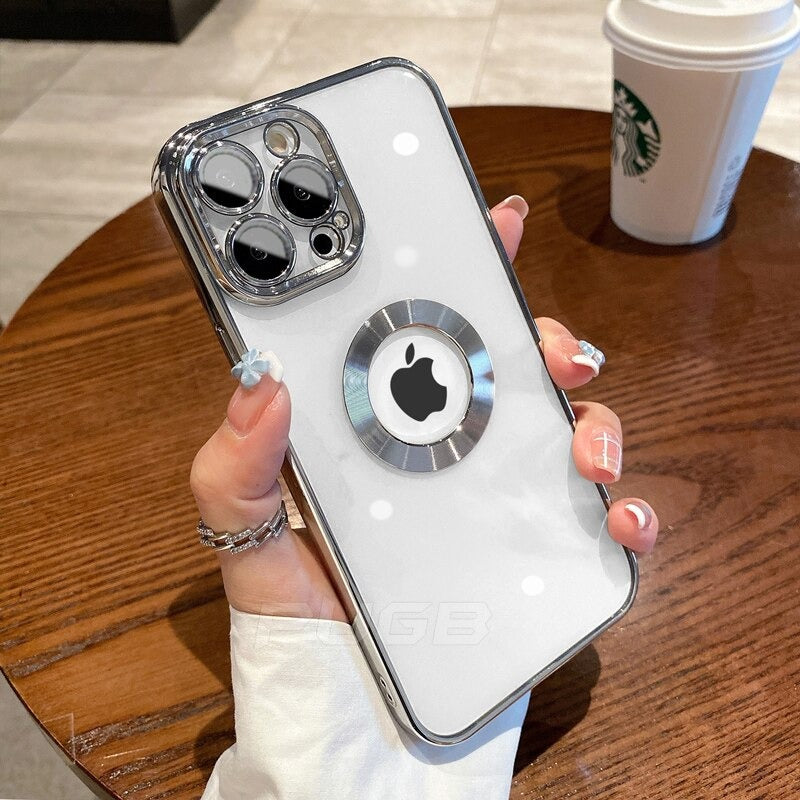 A hand holding an iPhone in a silver luxury plating clear case